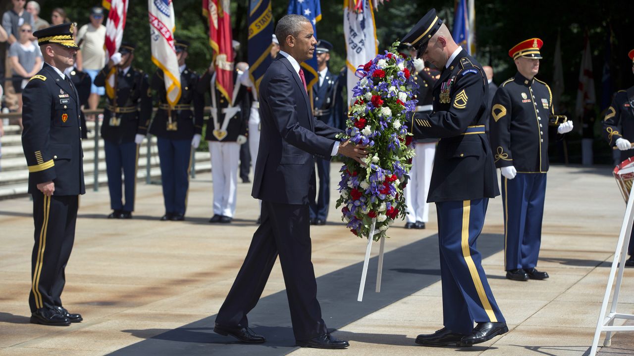U.S. President Barack Obama lays a wreath at the Tomb of the Unknowns in Arlington, Virginia, on Monday, May 30.