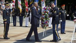 President Barack Obama lays a wreath at the Tomb of the Unknowns, on Memorial Day, Monday, May 30, 2016, at Arlington National Cemetery in Arlington, Virginia.
