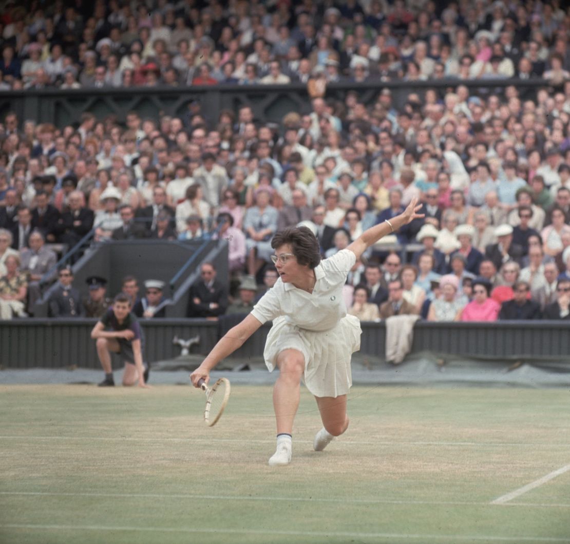 American tennis player Billie Jean Moffitt, later Billie Jean King, playing at Wimbledon in 1965.