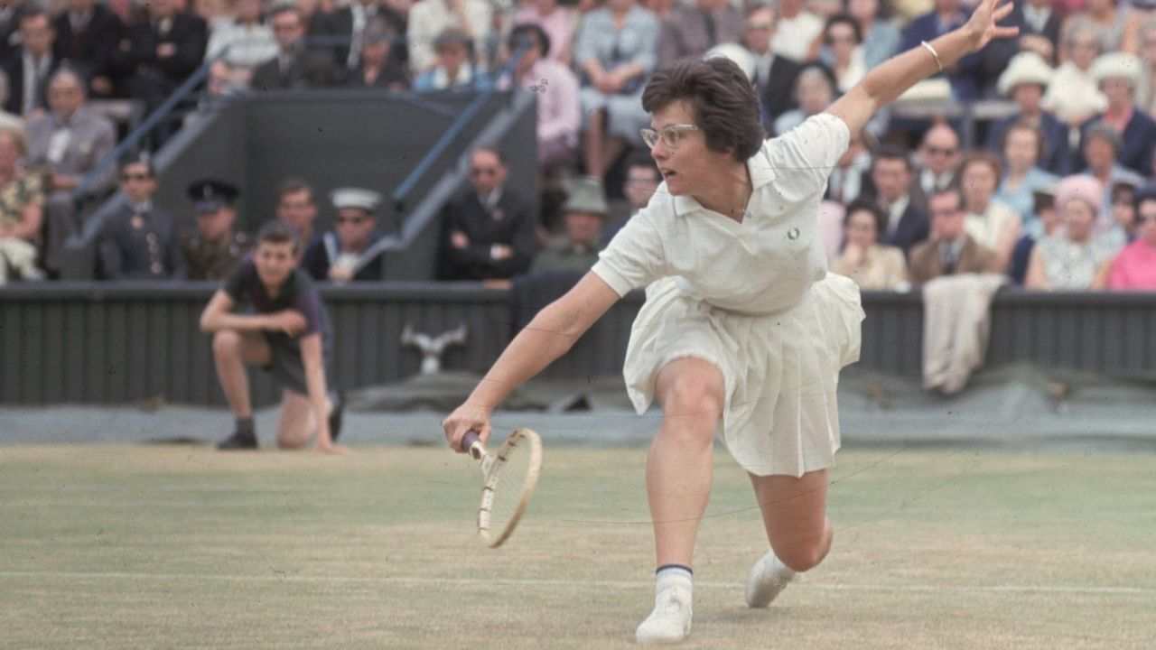 American tennis player Billie Jean Moffitt, later Billie Jean King, playing at Wimbledon in 1965.