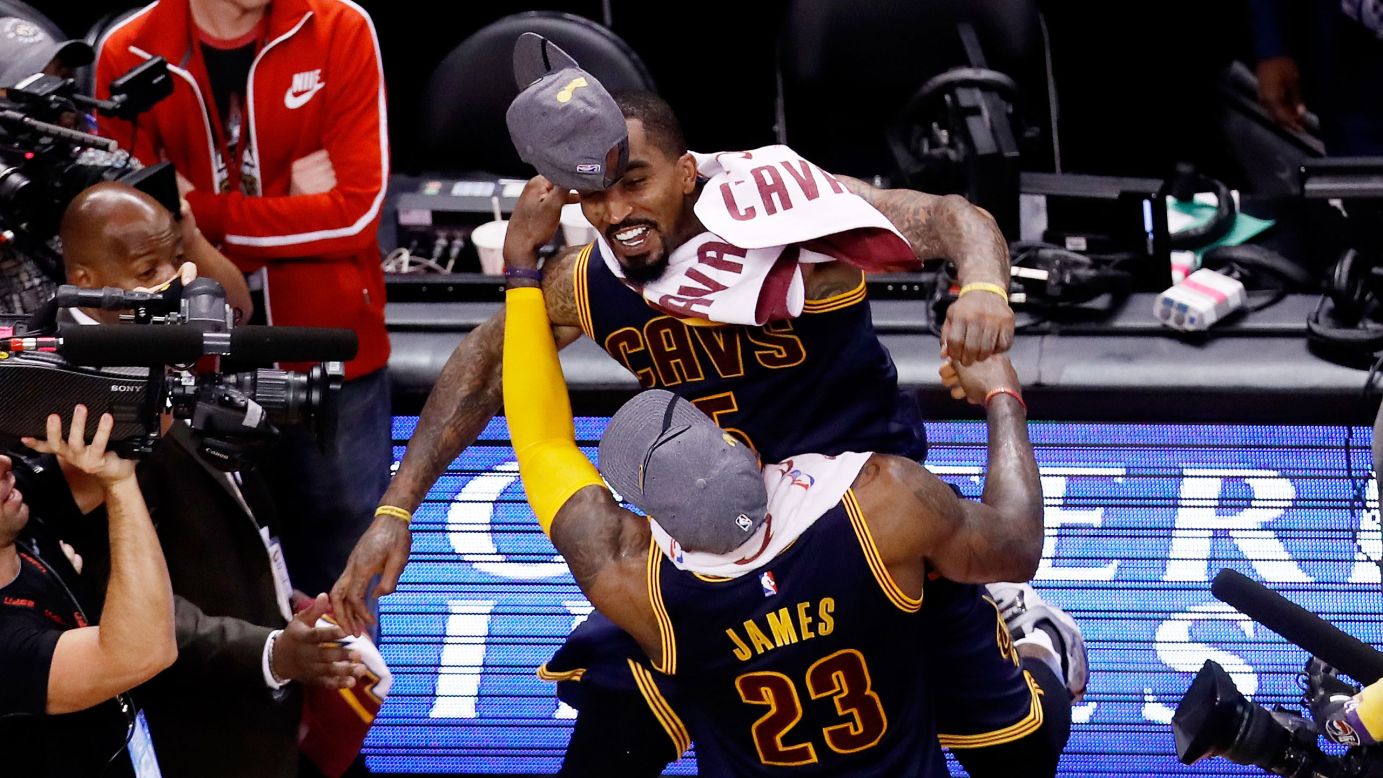 LeBron James and J.R. Smith celebrate Friday, May 27, after Cleveland finished off Toronto in the NBA's Eastern Conference Finals. They'll be in <a href="http://www.cnn.com/2016/04/13/sport/nba-finals-superlatives/" target="_blank">the NBA Finals</a> for the second consecutive season.