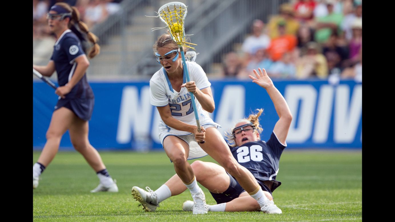 North Carolina lacrosse player Aly Messinger controls the ball during a national semifinal game on Friday, May 27. The Tar Heels defeated Penn State 12-11, and two days later they would defeat Maryland in the championship game. It is the second national title for the UNC women, who also won in 2013.