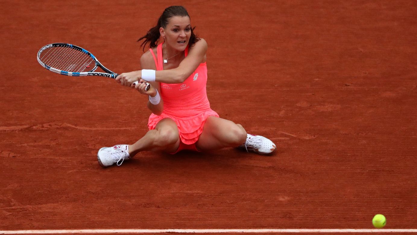 Agnieszka Radwanska hits a backhand during her fourth-round match at the French Open on Sunday, May 29.