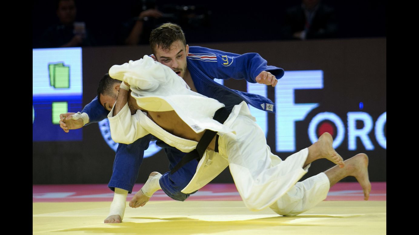 France's Vincent Limare, in blue, competes against Azerbaijan's Orkhan Safarov during the World Judo Masters event in Guadalajara, Mexico, on Friday, May 27. Safarov defeated Limare to win their weight class.