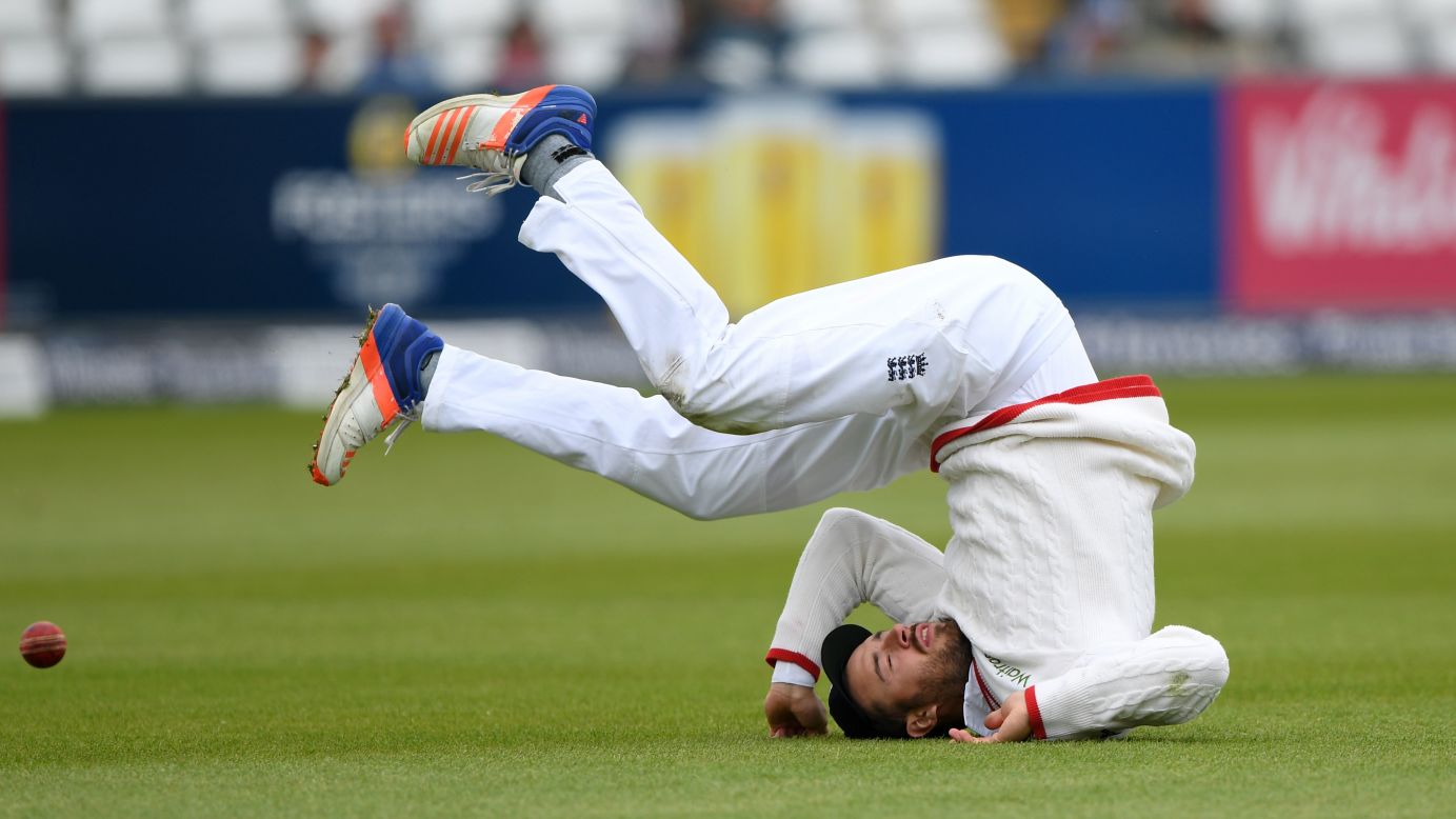 England cricketer James Vince drops a catch Monday, May 30, during a Test match against Sri Lanka in Chester-le-Street, England.