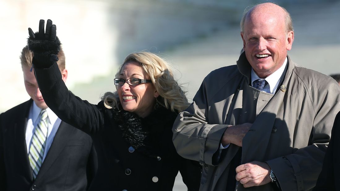 <strong>Public-sector unions</strong>: Rebecca Friedrichs, lead plaintiff in the case Friedrichs v. the California Teachers Association, walks with lead counsel Michael Carvin after the U.S. Supreme Court began hearing arguments on the case in January. The ruling in March <a href="http://www.cnn.com/2016/03/29/politics/scotus-4-4-decision-hands-public-sector-unions-a-victory/" target="_blank">was split 4-4,</a> so the lower-court decision was affirmed in a victory for public-sector unions. At issue was whether non-members of a public-sector union could still be compelled to pay fees for collective bargaining that goes to issues such as wages and grievances. 