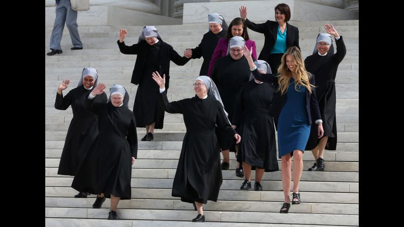 <strong>Obamacare contraception mandate: </strong>Catholic nuns from the Little Sisters of the Poor walk down the steps of the U.S. Supreme Court in March. The group was challenging the government's new health-care regulations. Lawyers for the nuns and other religious nonprofits told the court that the so-called contraceptive mandate forces these groups to either violate their religious beliefs or pay ruinous fines. The justices, in a unanimous decision in May, <a href="index.php?page=&url=http%3A%2F%2Fwww.cnn.com%2F2016%2F05%2F16%2Fpolitics%2Fsupreme-court-obamacare-contraceptive-mandate%2F" target="_blank">sent the case back down to the lower courts</a> for opposing parties to work out a compromise.
