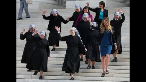 <strong>Obamacare contraception mandate: </strong>Catholic nuns from the Little Sisters of the Poor walk down the steps of the U.S. Supreme Court in March. The group was challenging the government's new health-care regulations. Lawyers for the nuns and other religious nonprofits told the court that the so-called contraceptive mandate forces these groups to either violate their religious beliefs or pay ruinous fines. The justices, in a unanimous decision in May, <a href="http://www.cnn.com/2016/05/16/politics/supreme-court-obamacare-contraceptive-mandate/" target="_blank">sent the case back down to the lower courts</a> for opposing parties to work out a compromise.