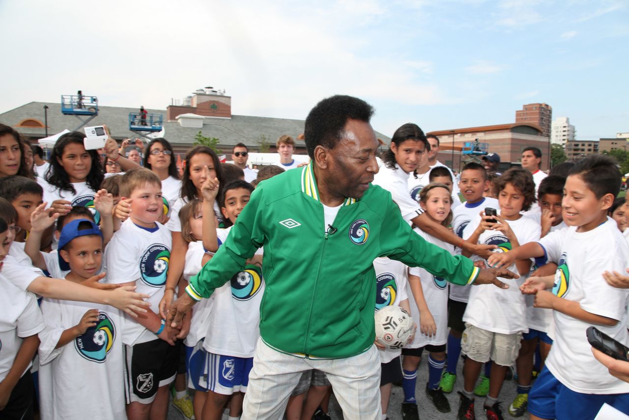 Here Pele is pictured in a New York Cosmos jacket, his match worn jerseys from his time with the American club between 1975 and 1977 are expected to attract bids of up to $10,000.