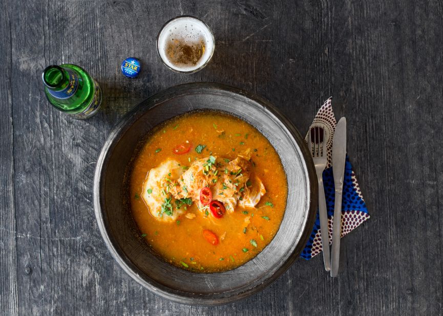 Bone in chicken light soup, served with fufu is a dish that shows off Adjonyoh's Ghanian roots. Fufu is a dough-like dish made with cassava that many Ghanian's consider a staple. 