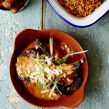 These griddled lamb cutlets, cooked by Adjonyoh, are served with a spicy groundnut sauce. She makes <a href="index.php?page=&url=http%3A%2F%2Fzoesghanakitchen.co.uk%2Fday-2-groundnut-stew-and-pounding-fufu%2F" target="_blank" target="_blank">her groundnut stew </a>with peanut butter, goat, herring, salmon, crabs, onion, tomatoes, garlic and hot peppers. 