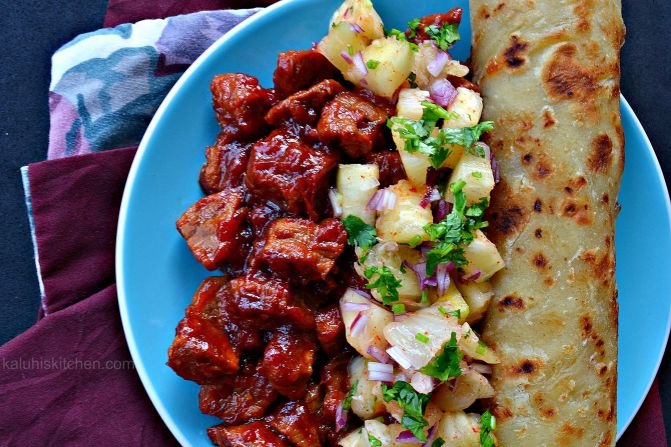 Adagala's <a href="index.php?page=&url=http%3A%2F%2Fwww.kaluhiskitchen.com%2Fsweet-and-sour-pork-with-pineapple-salsa%2F" target="_blank" target="_blank">sweet and sour pork with pineapple salsa</a> is made with pork marinated in passion fruit, and a salsa made from pineapples, cayenne pepper, onions and coriander. 