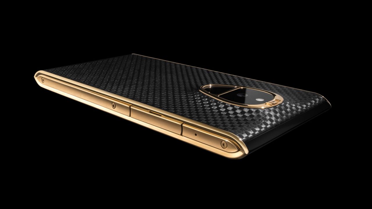 The top-of-the-range model is, naturally, gold. Retailing at $17,400 plus taxes, this phone is black carbon leather with 18K yellow gold elements, inlaid with black diamond. 