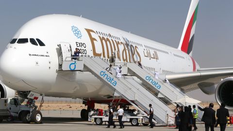 An Emirates airline's Airbus A380, displayed at the Dubai Airshow on November 9, 2015.