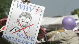 Protesters demonstrate against female genital mutilation, on January 23, 2007 at the Nairobi World Social Forum venue in Kasarani, Nairobi, Kenya.