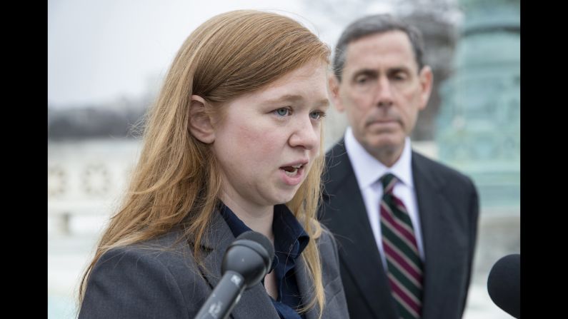 <strong>Affirmative action:</strong> Abigail Fisher, a Texas woman who challenged the use of race in college admissions, speaks to reporters outside the Supreme Court in December. That month, Supreme Court justices <a href="index.php?page=&url=http%3A%2F%2Fwww.cnn.com%2F2015%2F12%2F09%2Fpolitics%2Faffirmative-action-supreme-court-university-of-texas%2F" target="_blank">appeared divided</a> about a program at the University of Texas that takes race into consideration as one factor of admissions. In June, the court <a href="index.php?page=&url=http%3A%2F%2Fwww.cnn.com%2F2016%2F06%2F23%2Fpolitics%2Fsupreme-court-abortion-affirmative-action-texas-immigration%2F" target="_blank">upheld the program</a> in a 4-3 ruling. Justice Elena Kagan recused herself from the case, presumably because she dealt with it in her previous job as solicitor general.
