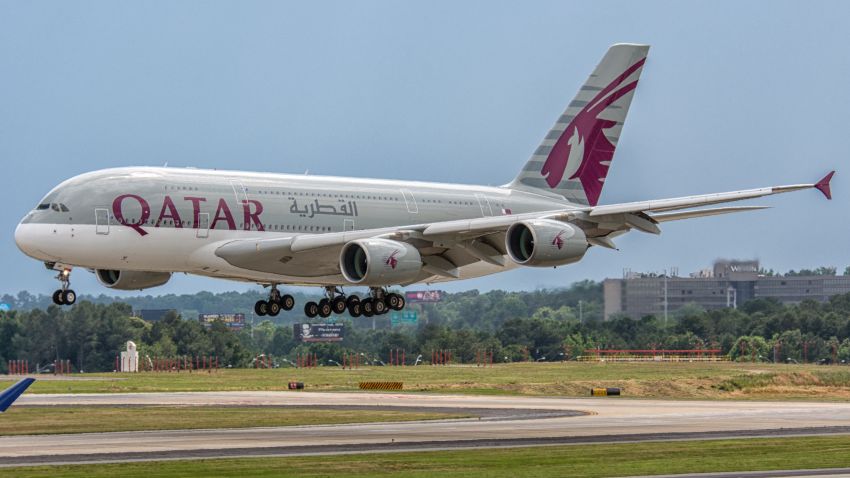 Qatar Airways Flight 755 an Airbus A380 inaugural flight from Doha to Atlanta arrives on June 1, 2016.