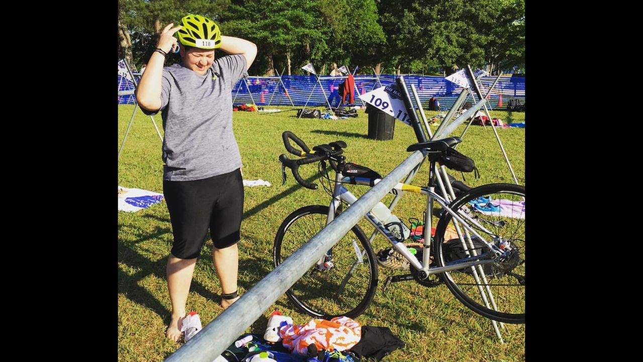 "At the transition area at the Tall Pines Sprint Triathlon [in May 2016]. As you can see from the lack of bikes around me, I'm definitely towards the back of the pack."