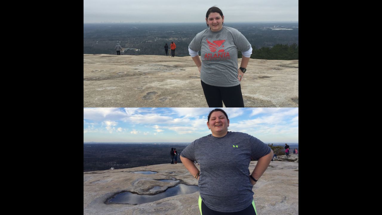 "Oh what a difference 80 pounds make. These pictures were taken at the same location, but many many pounds apart." The bottom image is from March 2015 and the top is from February 2016. 
