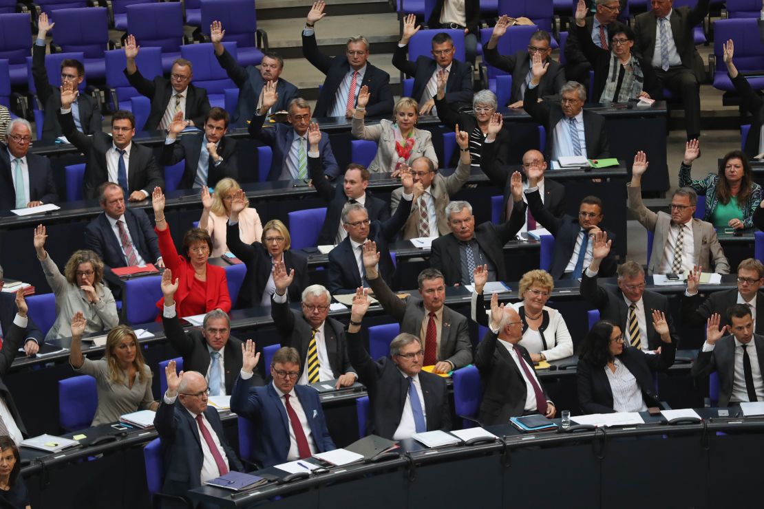 German politicians raise their hands in favor of the resolution. 