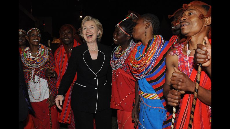 Clinton joins some of Kenya's Masaai traditional dancers before a dinner hosted in her honor on August 5, 2009. 