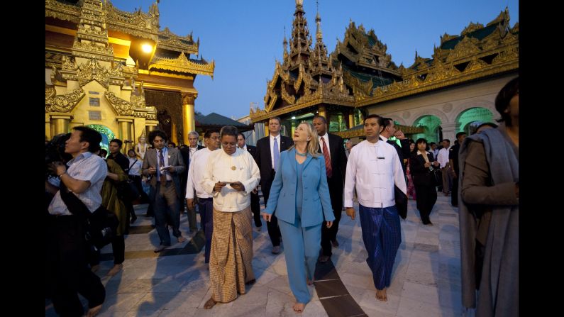 Clinton tours the Shwedagon Pagoda, a Buddhist temple founded between the 6th and 10th centuries, in Myanmar on December 1, 2011.