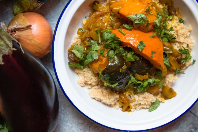 "I am a Moroccan girl, I grew up in Brussels in a family seriously obsessed with food," says Benkabbou, who cooked this aubergine and pumpkin tagine.  
