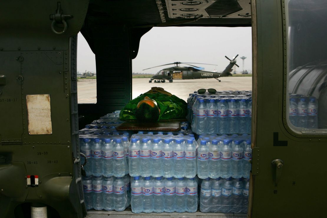  A copter awaits takeoff in 2008 in Mianyang, China, to drop aid after an earthquake. 