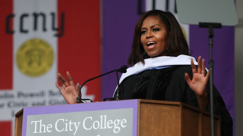 First lady Michelle Obama delivers the commencement speech after being presented with an honorary doctorate of humane letters at City College on June 3, 2016 in New York City. 