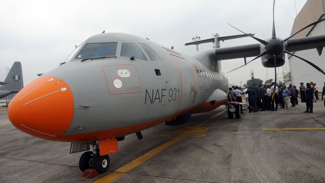A Nigerian Airforce ATR 42-500 Maritime Patrol Aircraft, displayed in Lagos in 2014.