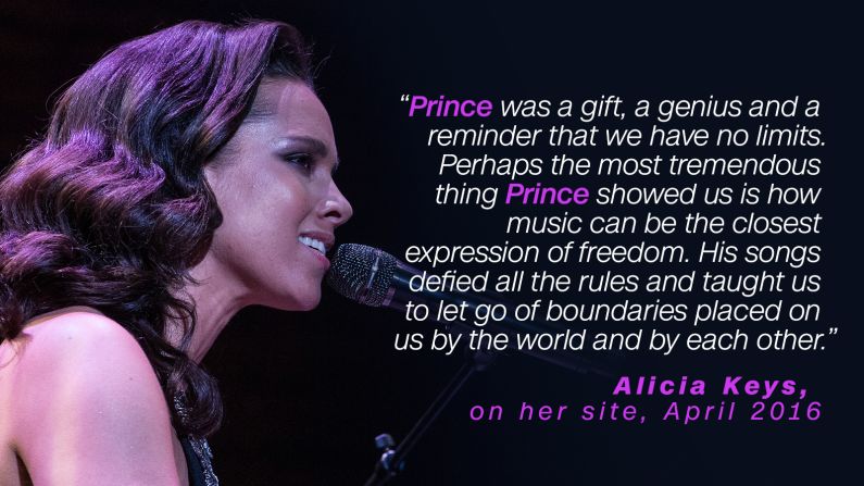 Alicia Keys considered Prince "a gift." In 2009 Keys covered Prince's "How Come U Don't Call Me Anymore?" and on the day he died, April 21, <a  target="_blank" target="_blank">paid tribute to him at the Tribeca Film Festival. </a>