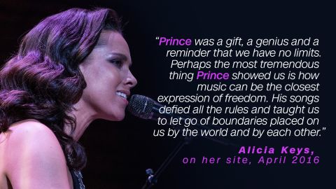 Alicia Keys considered Prince "a gift." In 2009 Keys covered Prince's "How Come U Don't Call Me Anymore?" and on the day he died, April 21, <a href="http://www.billboard.com/articles/news/7341611/alicia-keys-covers-prince-tribeca-film-festical" target="_blank" target="_blank">paid tribute to him at the Tribeca Film Festival. </a>