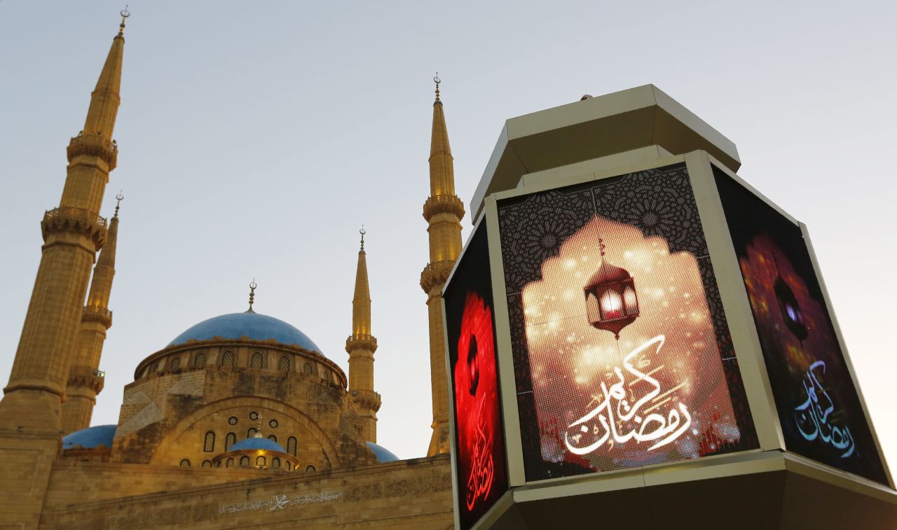 A large lantern decorates the street in front of the Mohammad al-Amin mosque in Beirut, Lebanon, on June 5.