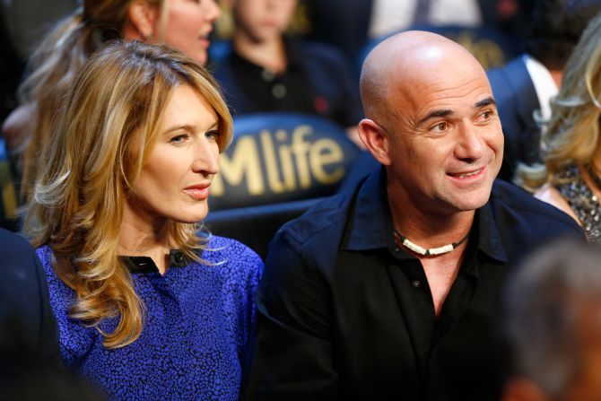 Andre Agassi with his wife and fellow multiple grand slam winner, Steffi Graf , at a boxing event in Las Vegas, Nevada last year. The pair have two children and rarely play tennis anymore.