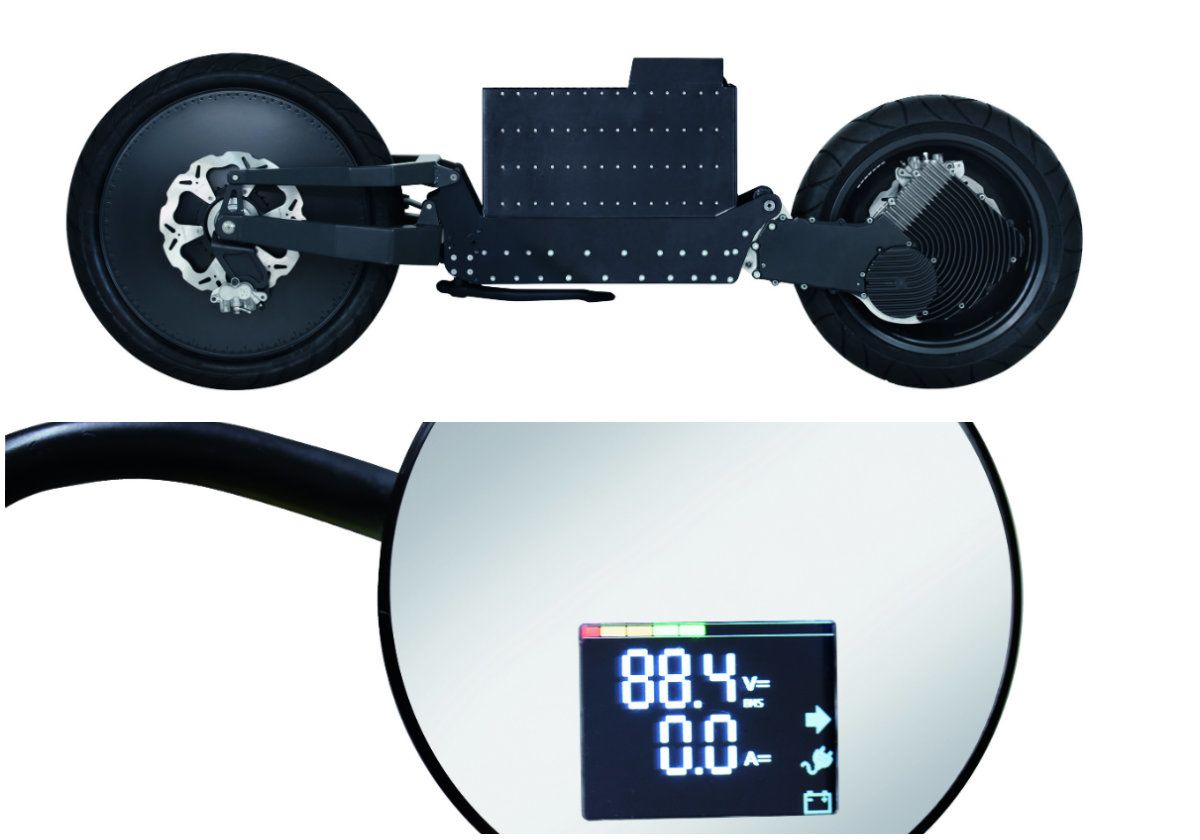 The aluminum frame houses the battery pack and shock absorbers while the wing mirrors incorporate a digital display which shows speed and battery usage.