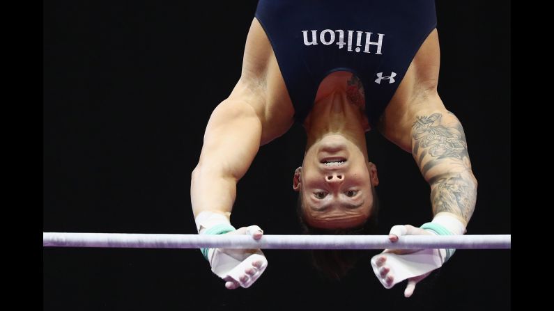 Paul Ruggeri III competes on the horizontal bar Friday, June 3, at the P&G Gymnastics Championships in Hartford, Connecticut.