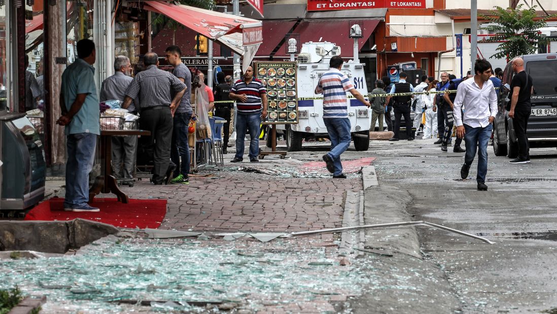 Officers secure the area near the scene of the attack. It took place in a busy neighborhood that includes the city's landmark Beyazit Square, the main Istanbul University campus and the Vezneciler metro station.