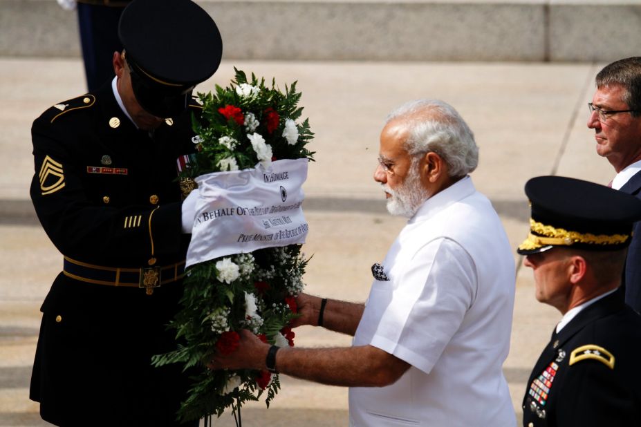 Modi lays a wreath at the Tomb of the Unknown Soldier in Arlington.