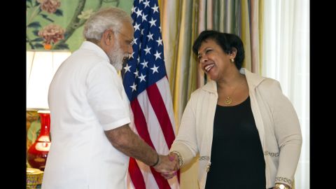 Modi shakes hands with U.S. Attorney General Loretta Lynch at the Blair House in Washington on June 6.