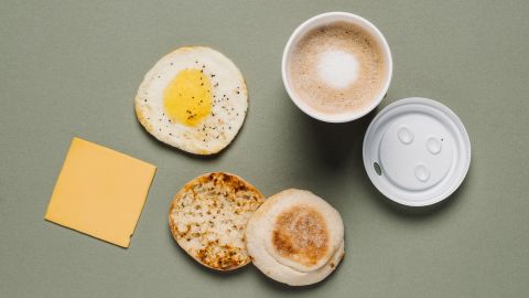 Dunkin' Donuts are free of animal fat, but a bigger complete protein boost is found with an egg and cheese English muffin and a latte with skim or almond milk.
