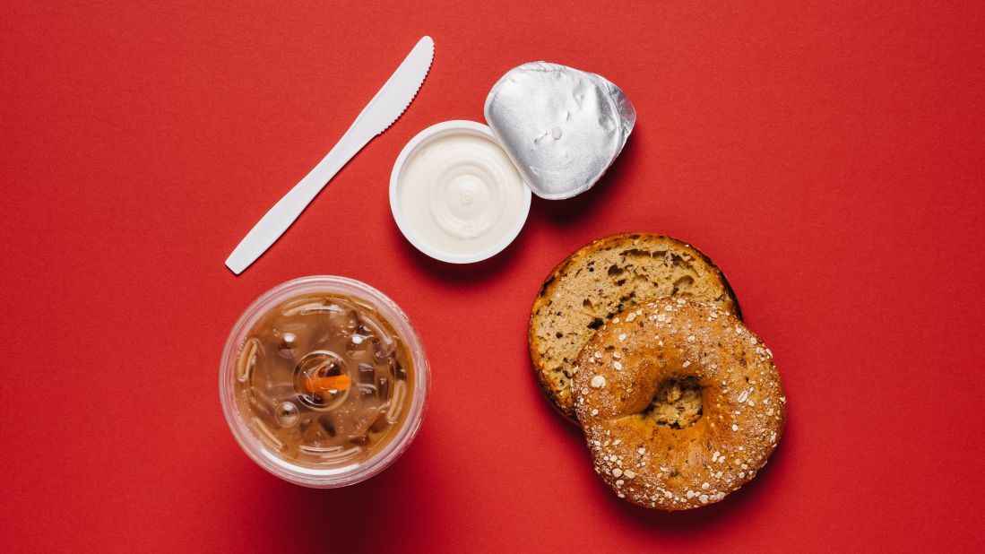 Healthy food that's easy to eat while driving comes in the form of a multigrain bagel with reduced-fat plain cream cheese and an iced latte with skim milk.