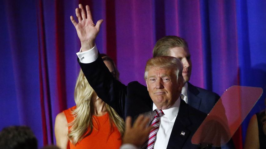Donald Trump waves after delivering remarks following primaries in California, Montana, New Jersey, New Mexico, North Dakota and South Dakota at Trump National Golf Club Westchester in Briarcliff Manor,  New York, June 07, 2016.