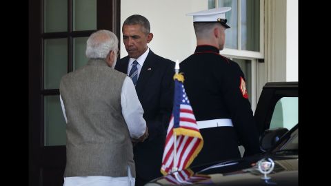 Obama bids farewell to Modi after a working lunch at the White House on June 7.