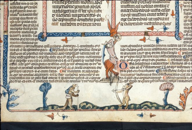Rabbits and dogs at it again. However, it looks like the pooch may have backup in the form of a half man-half lion.<br /><br /><em>Pictured: Royal 10 E IV   f. 57v, British Museum</em>