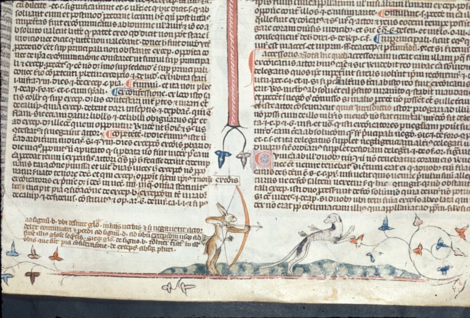 The rabbits found in the <a href="http://www.bl.uk/manuscripts/FullDisplay.aspx?ref=Royal_MS_10_e_iv" target="_blank" target="_blank">"Smithfield Decretals"</a> are an example of <em>le monde renverse</em> or <em>le monder inverse</em> -- "the world turned upside down." Instead of men and women hunting rabbits, humans were the target.<br /><br /><em>Pictured: Royal 10 E IV   f. 62, British Museum</em>