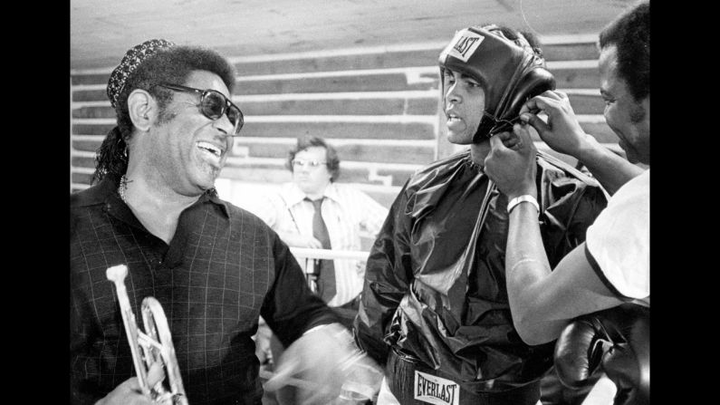 Legendary jazz musician Dizzy Gillespie laughs with Ali at the boxer's training camp in Deer Lake, Pennsylvania, circa 1972. Kalinsky took many photos of Ali over the years, and the two formed a friendship.
