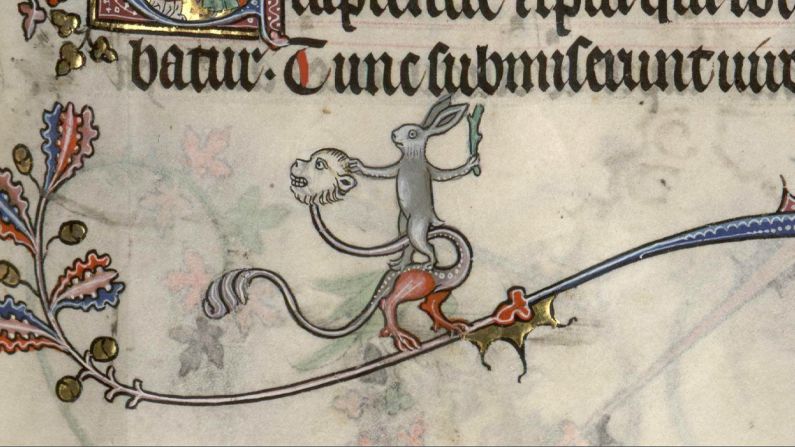 Throughout the medieval period rabbits were locked in an eternal battle across the pages of manuscripts. Mankind, dogs, mythical beasts, even woodpeckers: there was nothing a rabbit would not throw down the gauntlet to.<br /><br /><em>Pictured: Ms 107, Bréviaire de Renaud de Bar (1302-1304), fol.-89r-108r, Bibliothèque de Verdun</em>