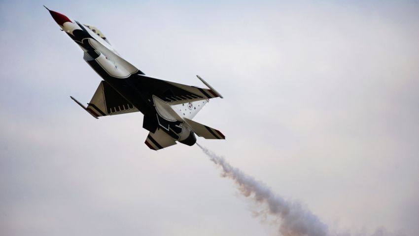 Thunderbird 6 performs a slow pass during the 2015 Dakota Thunder airshow and open house at Ellsworth Air Force Base, S.D., Aug. 16, 2015. More than 51,000 military members, as well as attendees from near and far, engaged in activities throughout the two-day airshow. (U.S. Air Force photo/Senior Airman Rebecca Imwalle)