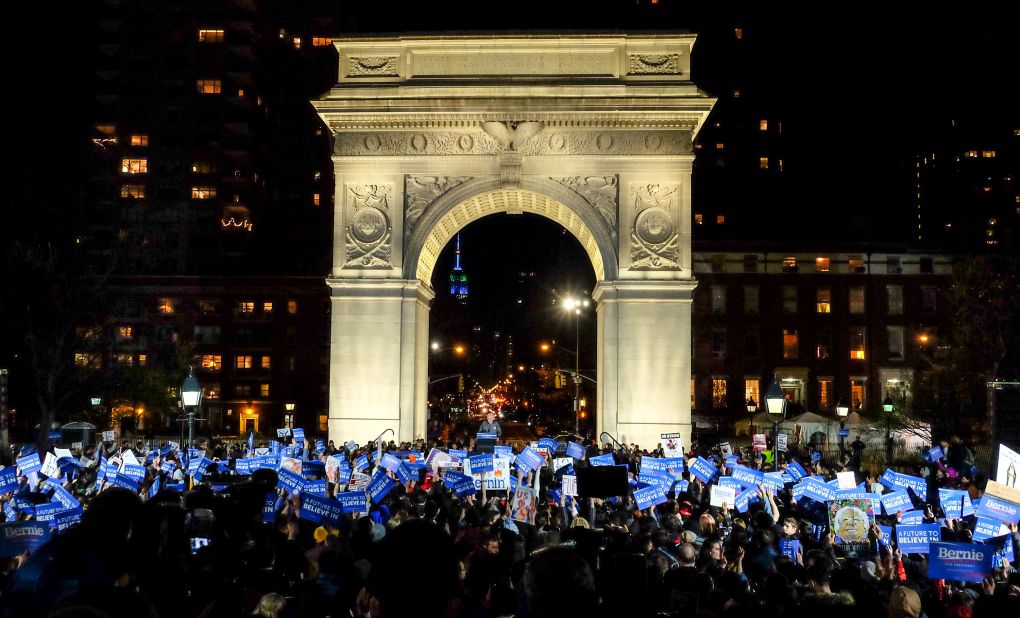 Sanders speaks at a campaign event in New York's Washington Square Park in April 2016.