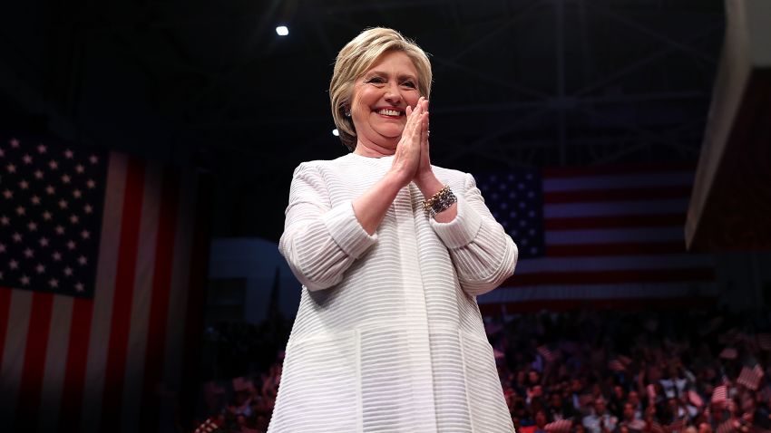 Democratic presidential candidate former Secretary of State Hillary Clinton greets supporters during a primary night event on June 7, 2016 in Brooklyn, New York.